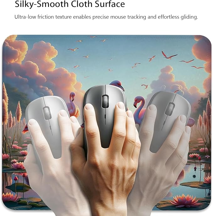 Flamingo Anti-Slip Gaming & Office Mouse Pad with Stitched Edges 9.5 x 7.9 Inch, Blush Tone Atmosphere of Dreamy Lake and Exotic Birds Under Cloudy Sky Durable Smooth Surface Desk Mat