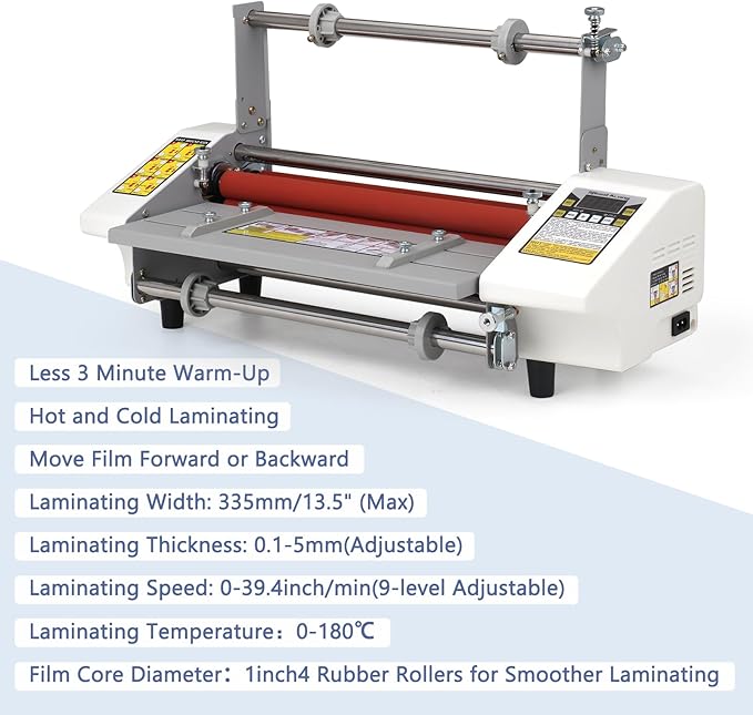 13.5" Laminator Machine High Speed Hot and Cold Roll Laminating Machine Single/Dual Sides with Digital Display for A3/A4 Paper Lamination, Speed Adjustable 3 Minute Warm-Up, 110V (Film not Included)