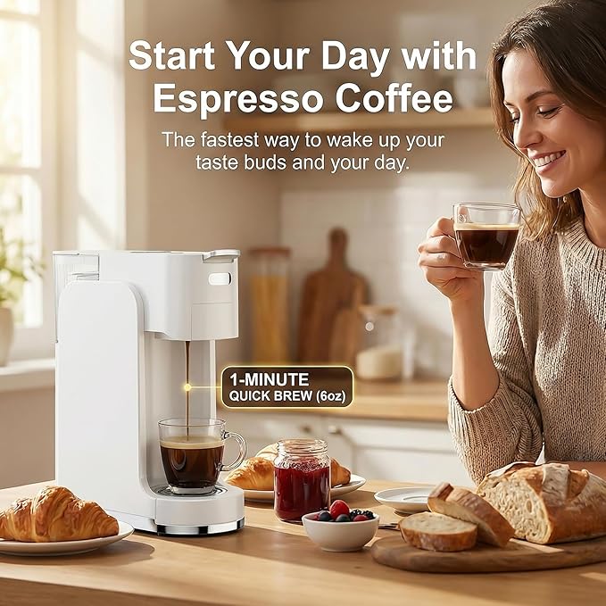 Single-Serve Coffee Maker, 4 in 1 Hot and Iced Coffee Machine, 20-Bar Espresso Coffee Maker for Ground Coffee, K-Cup Pod, NES Original and DG Pod, Customizable Brew Volume, Heats up in 3 seconds