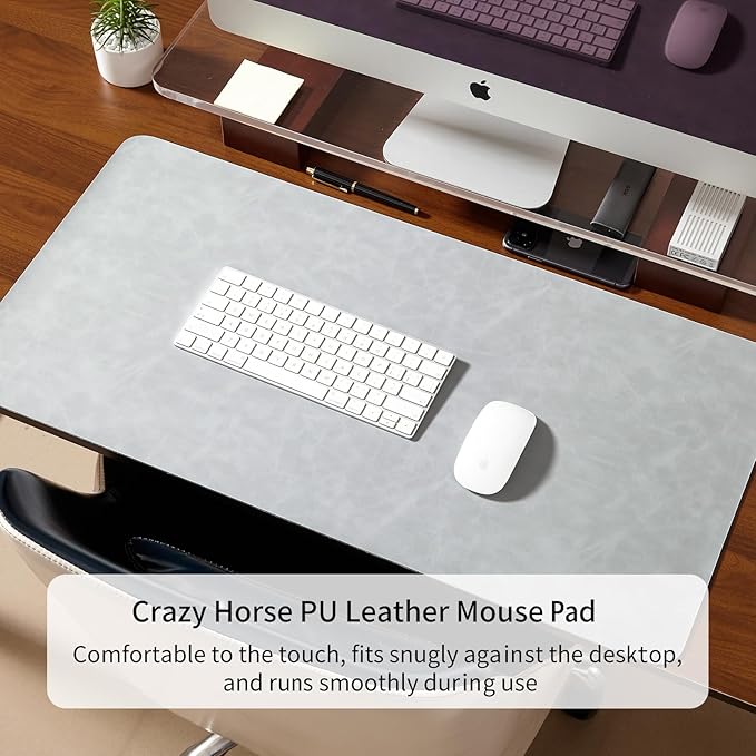 Desk Pad Soft PU Leather Large Mouse Pad Laptop Computer Desk Mat Table Blotter Flat Smooth Waterproof Non-Slip Desktop Protector Writing Pad for Office and Home (Light Grey, 90x43cm)