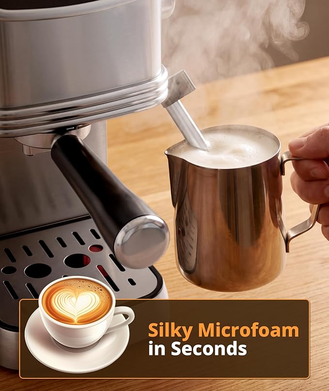 Electactic 20 Bar Espresso Machine, Compact Semi-Automatic Coffee Maker with Steam Frother & Instant Heating System, 45oz Removable Water Tank, for Cappuccino, Latte, Cold Brew, Stainless Steel