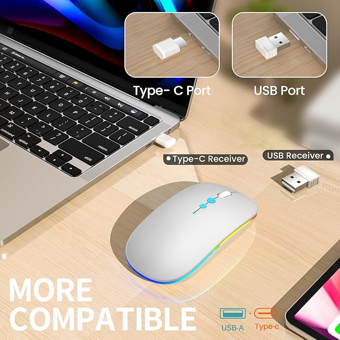LED Wireless Mouse A100S Rechargeable Portable Silent Mouse with Optional USB and Type-C Receiver 3-Speed Adjustable DPI for PC/Mac/Laptop (Frosted Silver)