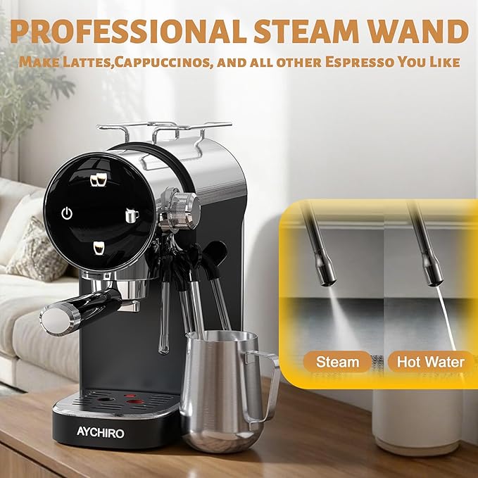 AYCHIRO Espresso Machine 20 Bar, Touchscreen Espresso Coffee Machine with Steamer, Espresso Maker with Milk Frother for Latte & Cappuccino, Removable Water Tank, Black