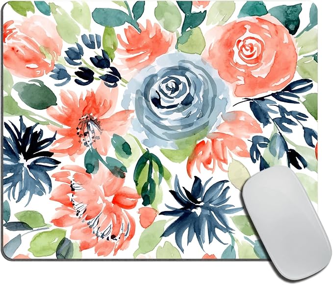 Pink Blue Mouse pad Design with Watercolor Floral Mousepad Non-Slip Rubber Gaming Mouse Pad Rectangle Mouse Pads for Computers Laptop 9.5"x7.9"x0.12" Inch