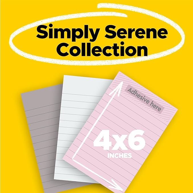 Post-it Super Sticky Notes, 3 Lined Sticky Note Pads, 4 x 6 in., School Supplies, Office Products, Sticky Notes for Vertical Surfaces, Monitors, Walls and Windows, Simply Serene Collection