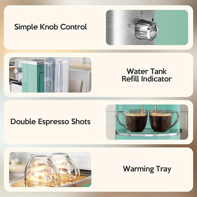 20 Bar Espresso Machine Semi-Automatic, Professional Coffee Maker with Milk Frother Steam Wand & 45OZ Removable Water Tank, Home Barista System for Cappuccino, Latte, Americano-Stainless Steel-Green