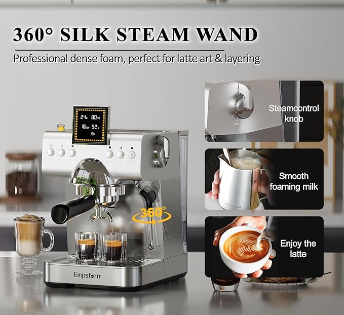 20 Bar Espresso Machine with Milk Frother Steam, Compact Stainless Steel Espresso maker with LED Display Cold Brew & Hot Coffee Maker, Professional Cappuccino Expresso Machine for Home and Office