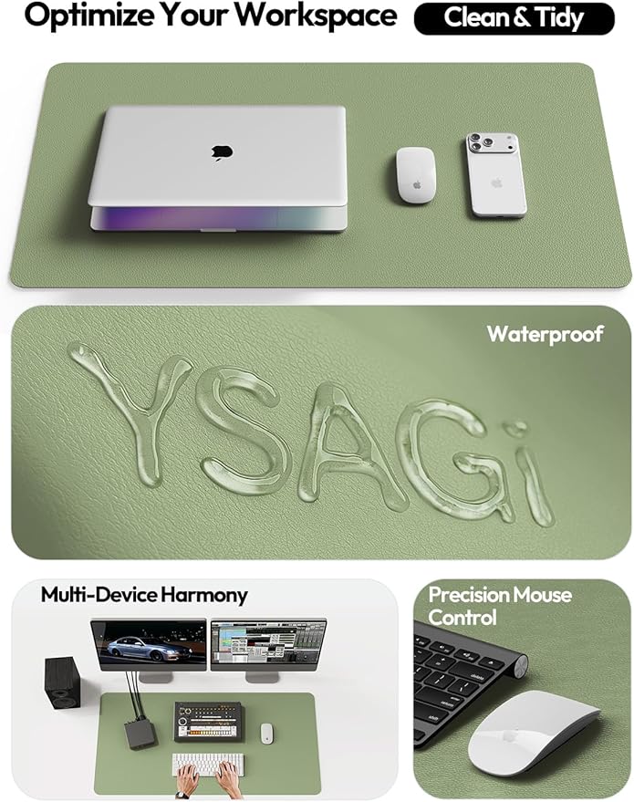 YSAGi Leather Desk Protector, Office Mat, Large Mouse Mat, Non-Slip PU Leather Blotter, Laptop Desk Pad, Waterproof Writing Pad for Office and Home (Bamboo Green, 47.2" x 23.6")