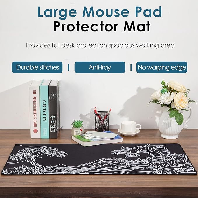 Waterproof Mouse Pad, Japanese Sea Wave Large Keyboard Pad with Anti-Slip Base, Extended Kanagawa Mat Desk Pad, for Gamer, Office & Home, Off to College/Back to School, 31.50"x11.81"