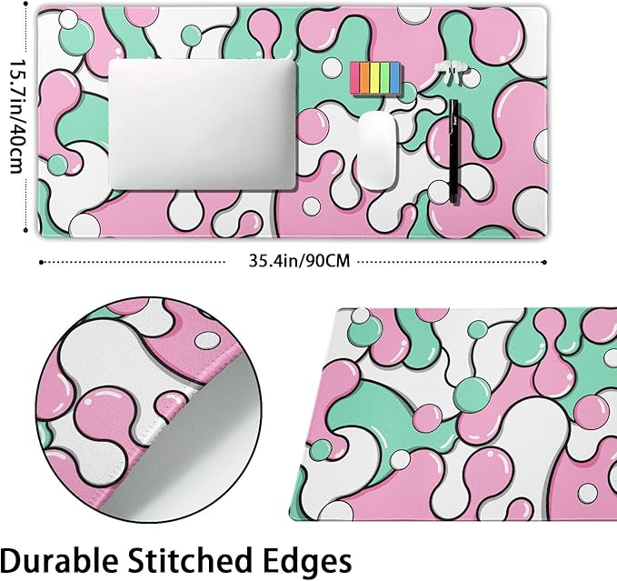 aportt Pink Green Mouse Pad Anime Cool Geometric Japanese Extended Desk Mat 90X40 CM Non-Slip Rubber Base Stitched Edge Large XXL Mousepad for Gaming Laptop Computer Desktop 35.4×15.7 Inch