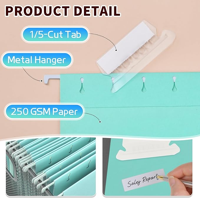 25-Pack Hanging File Folders,Letter Size,Includes 35 Transparent Label Cards & 50 Sticker Labels,1/5-Cut Tabs for Home & Office Organization(25, Aqua)