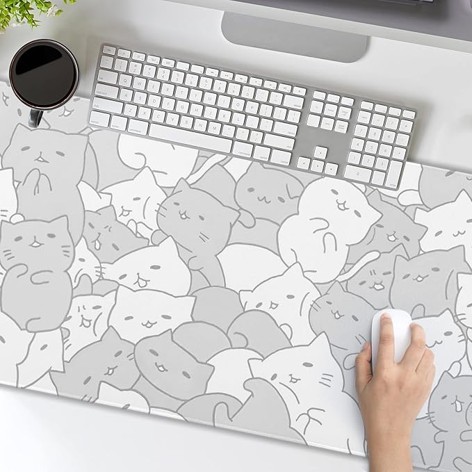 aportt White Kawaii Cats Gaming Mouse Pad XL Cute Anime Kittens Japanese Extended Big Large Desk Mat Non-Slip Rubber Base Stitched Edge Long Keyboard Mousepad for PC Computer Laptop,31.5×11.8 Inches