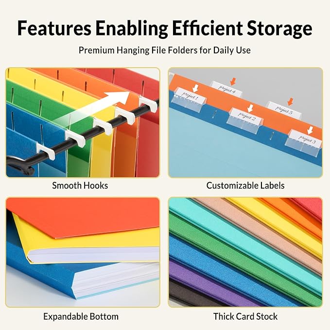 SUNEE Hanging File Folders, 50 Pack Letter Size Hanging File Folders with 1/5-cut Tabs, Stay Organized for Your Home and Office Bulk File, Documents and Paper,10 Assorted Colors