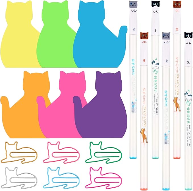 Outus Cat Office Supplies Include 180 Sheets Cute Cat Sticky Notes 60 Pieces Paper Clips and 6 Pieces Kitten Pens Funny Sticky Notepads Stationery for Office School Classroom Supply