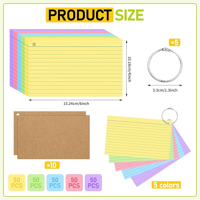 4x6 Inches Index Cards, 250PCS Colored Flash Cards with Ring, Lined on Both Side Notecards Ruled Study Card Flashcards Heavy Note Cards for Studying, Learning, School, College