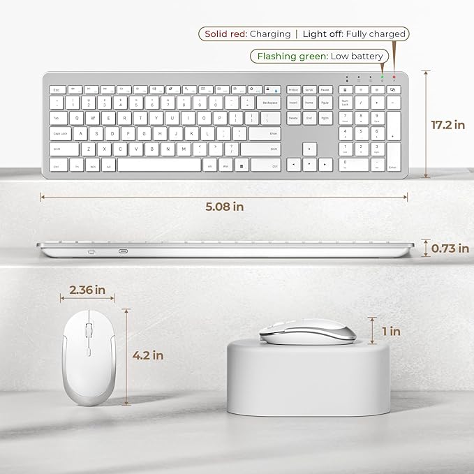 seenda Wireless Keyboard and Mouse Combo, Rechargeable Quiet Keyboard Mouse, Sleek and Ultra Thin Design, Full-Size with Number Pad for Windows, Laptop, PC, Notebook, Desktop- Silver and White