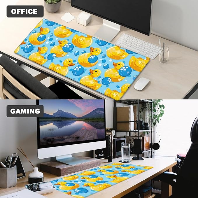 Colorful Rubber Duck Gaming Mouse Pad – 12x31.5in Large Extended Desk Mat with Cute Cartoon Yellow Ducks Bubbles Design – Non-Slip Rubber Mousepad for Office Home – Deskmat Gifts Decor