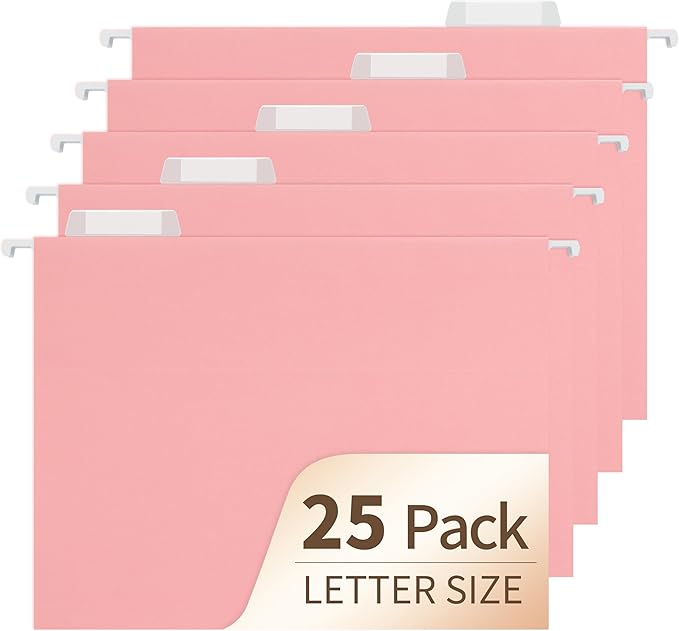 Pink Hanging File Folders,25 Pack Letter Size File Folders with 1/5-cut Tabs,Office Essentials for Filing Cabinet & Desk Storage