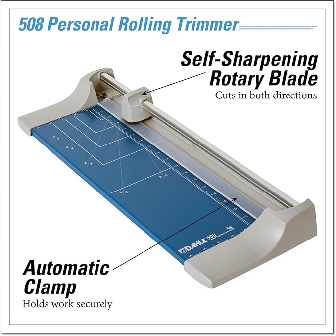 Dahle 508 Personal Rotary Trimmer, 18" Cut Length, 7 Sheet Capacity, Self-Sharpening, Automatic Clamp, German Engineered Paper Cutter