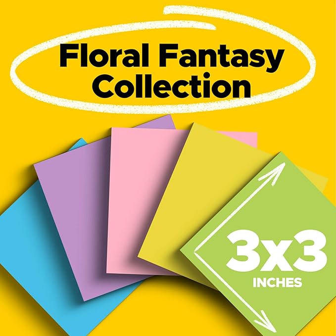 Post-it Notes, 3 in x 3 in, 14 Sticky Notes Pads, 100 Sheets per Pad, Floral Fantasy Collection, School Supplies and Oﬃce Products