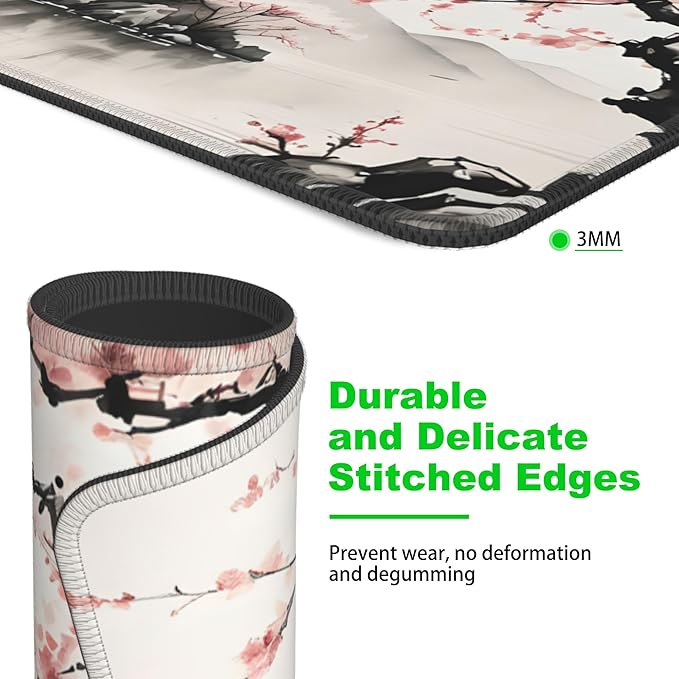 Desk Pad, Watercolor Cherry Blossom and Temple Small Gaming Mouse Pad,Waterproof Non-Slip Rubber Base Desk Mat with Stitched Edge for Gaming Computers Laptop Office 9.4x7.9in