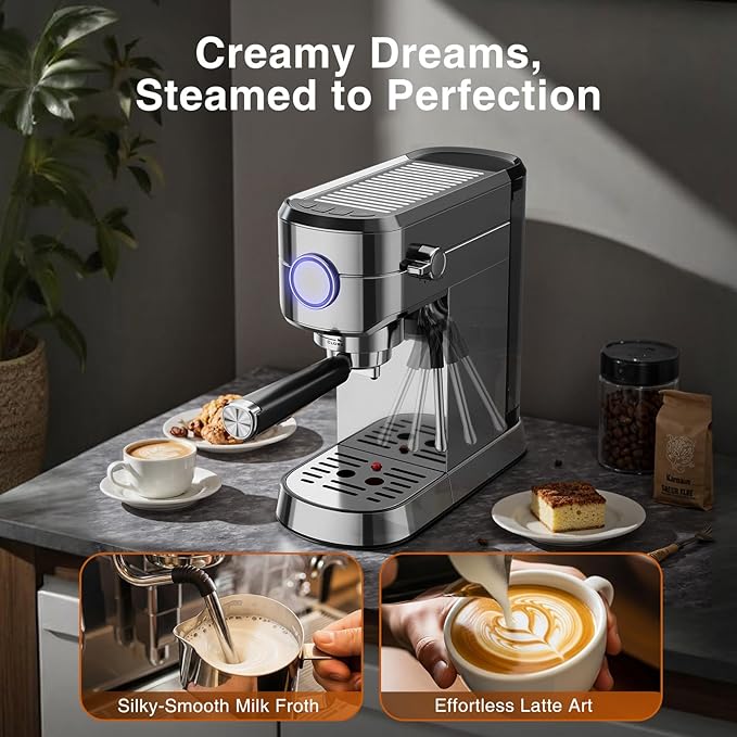 Crzoe 20 Bar Expresso Coffee Machines, Compact 1350W Espresso Machine with Milk Frother, Stainless Steel Cappuccino Machine with Fast Heating System, 1.2L Removable Water Tank, for Home&Office