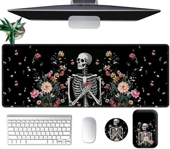 Large Mouse Pad Set, Desk Mat + Elbow Rest Pad + Coaster, Easy Typing Pain Relief, Ergonomic Arm Rest Pad with Memory Foam, Extended Desk Pad Anti-Slip Rubber Base for Office Home, Floral Skull