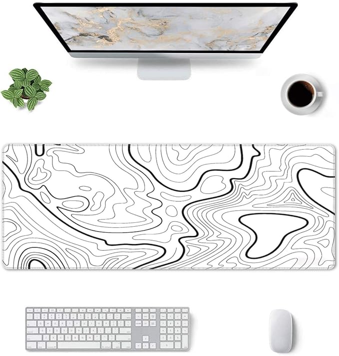White Topographic Contour Extended Big Mouse Pad Large,Gaming Mouse Pad Desk Pad,31.5x11.8x0.12 Inch Long Computer Keyboard Mouse Mat Mousepad Non-Slip Base and Stitched Edge for Gaming and Office