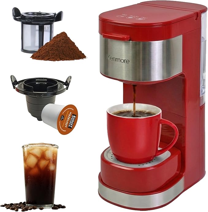 Kenmore Single Serve Coffee Maker – Compatible with Keurig K‑Cup Pods & Ground Coffee, One Cup Brewer, 6–12 Oz Brew Sizes, Travel Mug Friendly, Auto Shut‑Off, Hot & Iced Maquina de cafe, Red