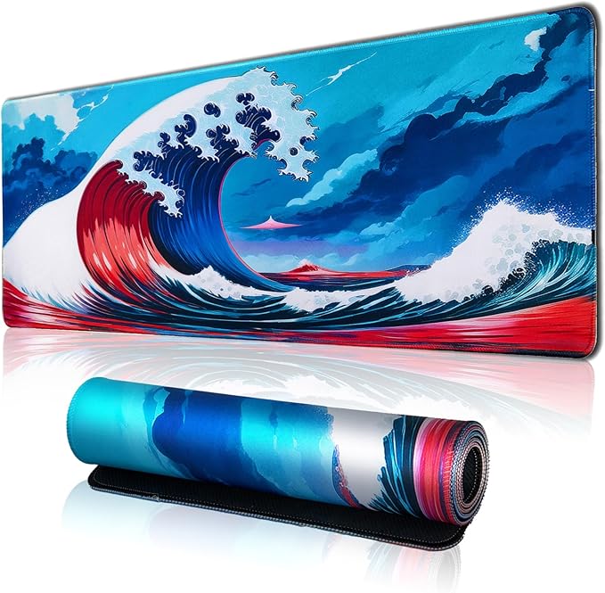 Japanese Style Waves Large Gaming Mouse Pad for Desk, Desk Mat with Seamed Edges, Waterproof Desk Pad, Non-Slip Rubber Base, 31.5x11.8 Inch Keyboard Pad Computer Mat, Big XL Mousepad