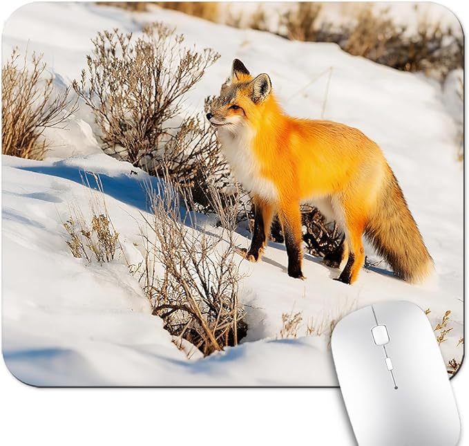 9.5"x 7.9" Anti-Slip Office/Gaming Mouse Pad - Red Fox in Nature Snowy Mountain Cold Winter Scenery Wildlife Carnivore Design, Cute Natural Washable Rubber Mat for Desk Decor