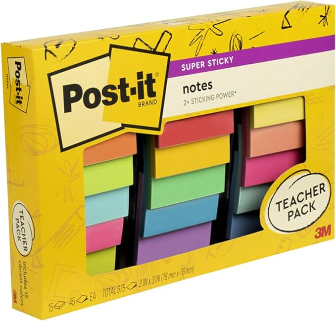 Post-it Super Sticky Notes Teacher Pack, Assorted Colors, 3 in. x 3 in., 15 Pads, 45 Sheets/Pad (654-15SSBTS-SR)