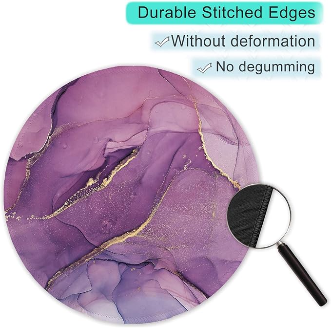 ITNRSIIET Round Mouse Pad with Stitched Edge Premium-Textured Waterproof Non-Slip Rubber Base Desktop Protection Mat Diameter 8.7 inches, Light Purple Marbling