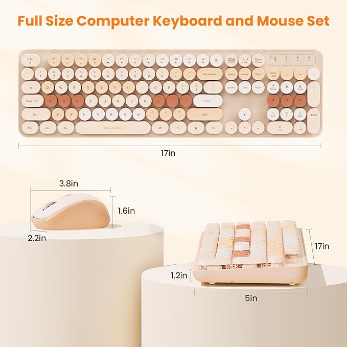 TECKNET Colorful Wireless Keyboard and Mouse Combo, Dual Bluetooth & 2.4G, Quiet Retro Typewriter Style, Full Size Bubble Keyboard with Number Pad, Aesthetic Desk Set for Laptop, PC, and Office Use