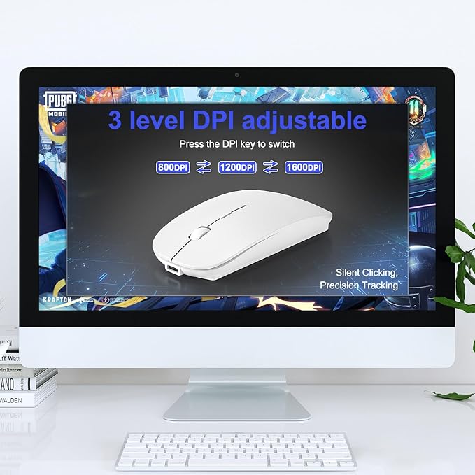 Bluetooth Wireless Mouse for MacBook Air Mac Pro Laptop Computer iPad Pad PC Laser Optical Rechargeable Mini Slim Silent Mouse Widely Used Desktop Hp iMac (White)