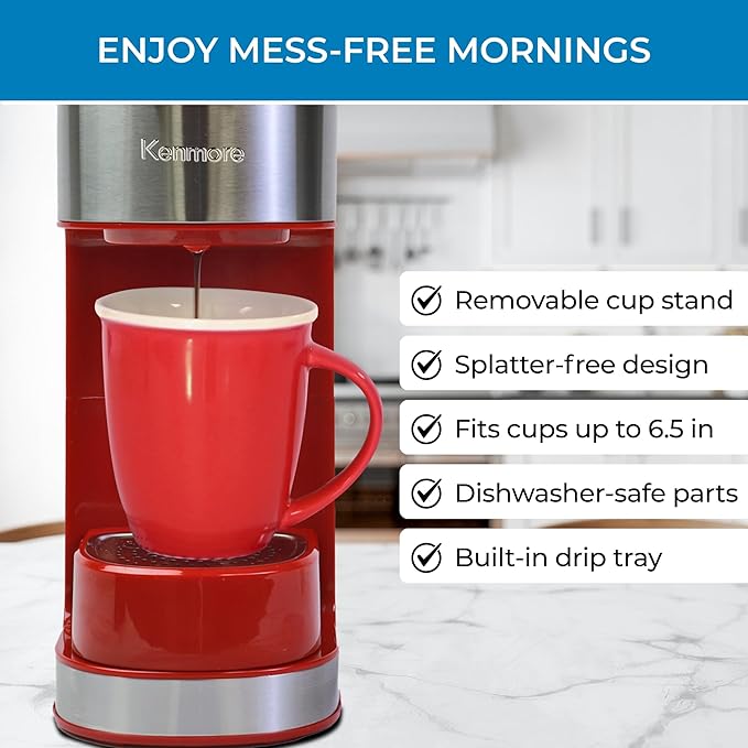 Kenmore Single Serve Coffee Maker – Compatible with Keurig K‑Cup Pods & Ground Coffee, One Cup Brewer, 6–12 Oz Brew Sizes, Travel Mug Friendly, Auto Shut‑Off, Hot & Iced Maquina de cafe, Red