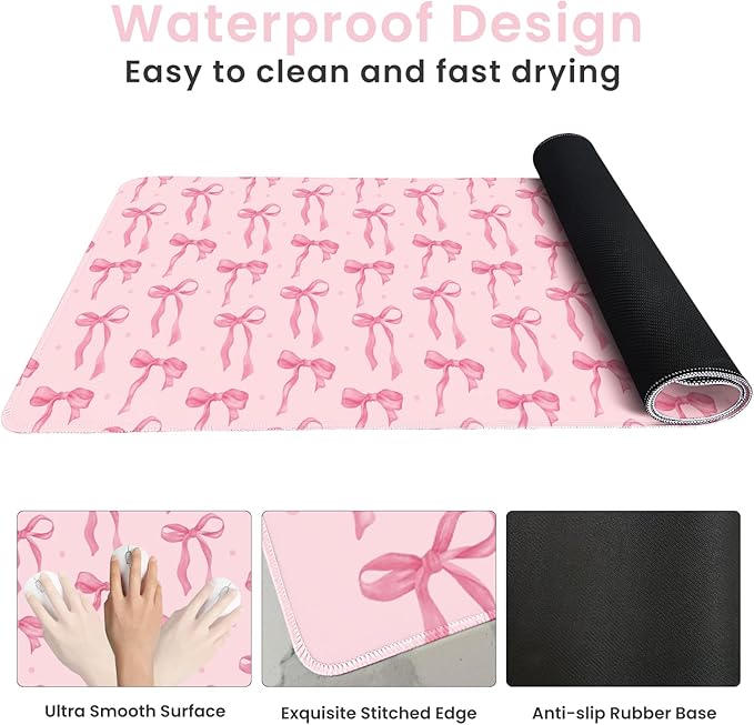 Pink Desk Mat with Bows, Cute Bow Mouse Pad for Computer Laptop PC Non-Slip Rubber Base Gaming Keyboard Pad, Large Office Mat Girly Décor Office Supplies Accessories for Teen Girls Women 31.5 x 15.7in