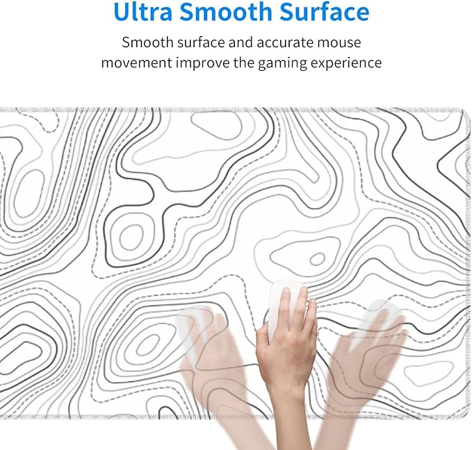 Topographic Map Minimalist Gaming Mouse Pad Desk Mat XL 31.5×11.8 Inch White Lines Contour Geographic Extended Mousepad 30X80cm with Non-Slip Rubber Base Stitched Edge for Gamer Office Home Work