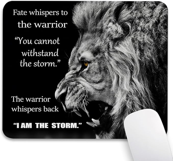 Inspirational Lion Quotes Mouse Pad 9.5"x 7.9", Reinforced Stitched Edges, Durable Anti-Slip Gaming & Office Mat Desk Decor, Majestic Roar Warrior Whispers Back to Fate I am The Storm