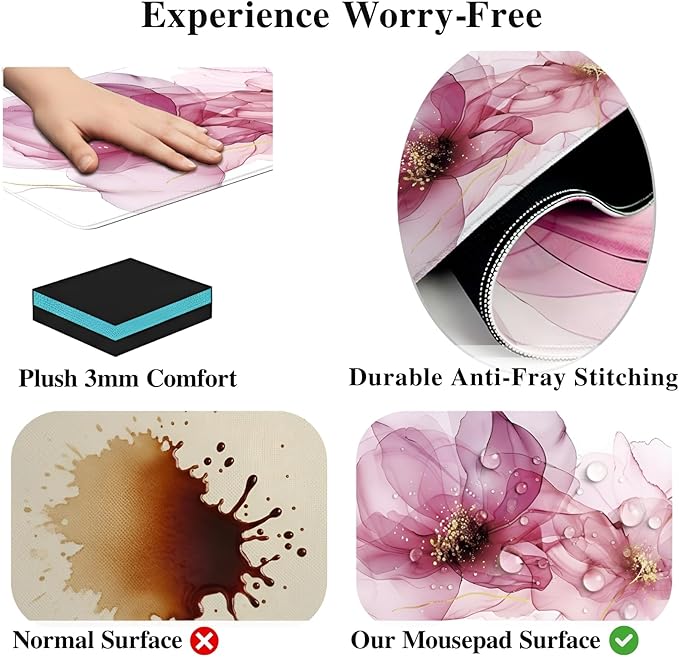 XXL Extended Gaming Mouse Pad (47.2 x 23.6 Inch), Giant Pink Floral Desk Mat for Full Coverage, Luxury Alcohol Ink Marble Design, Non-Slip Blotter, Premium Workspace Protector