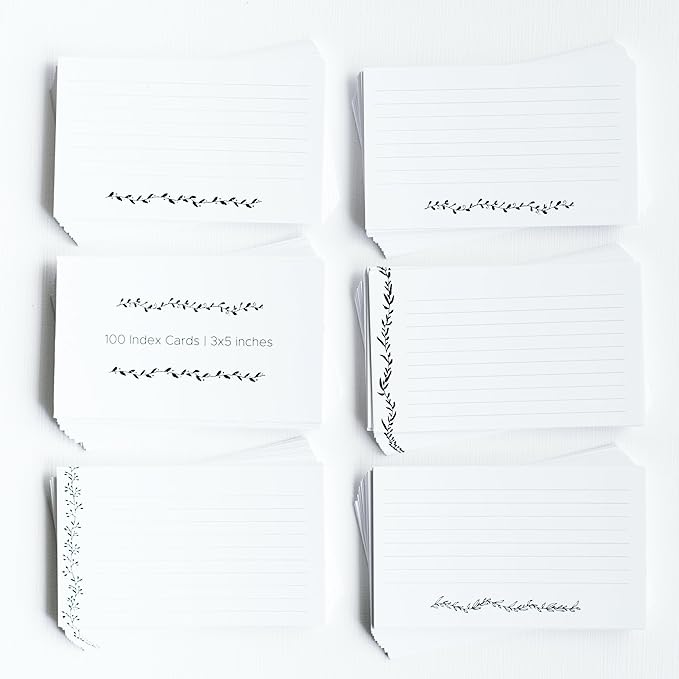 Leaf Garland Index Cards by Pure Print and Design | Floral Flash Cards Perfect For Study Sessions & Learning | 100 Cards of Premium Quality with 5 Different Designs | Black and White | 3x5 inches