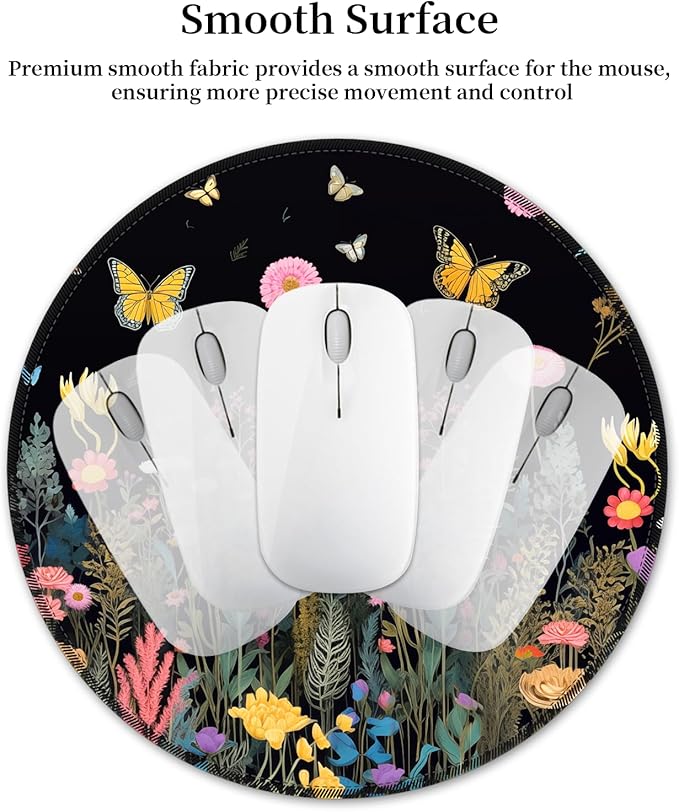 Butterfly Floral Mouse Pad for Desk, Flowers Plants Small Cute Mousepad with Non-Slip Base, Round Mouse Pads for Wireless Mouse Laptop, Computer Mouse Mat for Home Office Desk Accessories