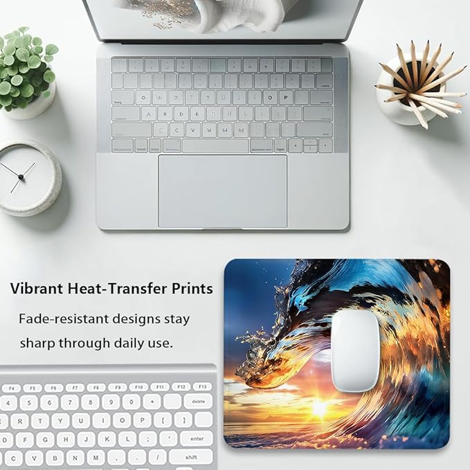 Ocean Waves Mouse Pad 9.5"x 7.9", Reinforced Stitched Edges, Durable Anti-Slip Gaming & Office Mat Desk Decor, Cool Golden Sea Wave Embracing The Sunset