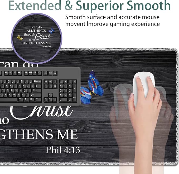 Large Gaming Mouse Pad Non-Slip Keyboard Pad Soft Extended Desk Mat Desktop Writing Pad (31.5"×11.8") Combined with Coasters, Home and Office Desktop Decor, Vintage Wooden Bible