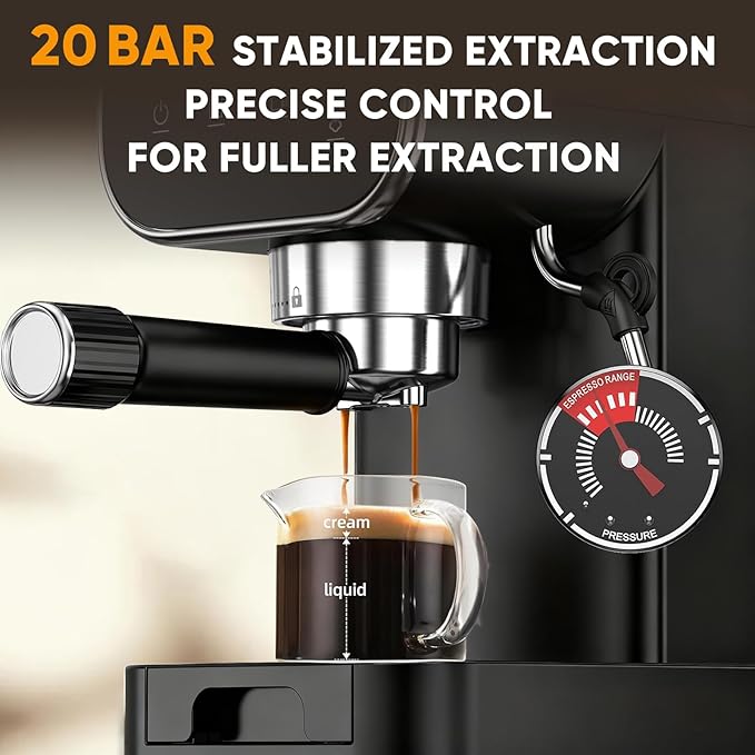 Horavie 20 Bar Espresso Machine with Milk Frother, Home Espresso Coffee Maker with Touchscreen, Fast Heat-Up Coffee Machine with 48oz Removable Tank for Cappuccino, Latte, Americano, Black