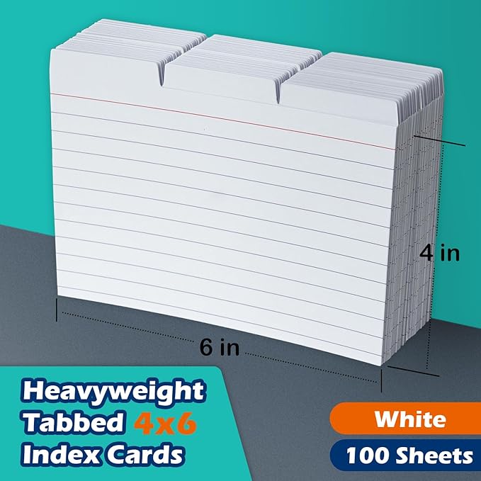 100 Pack Tabbed Index Cards 4x6 Lined Index Card Dividers with Tabs 4" x 6", White, 220 GSM Thick Paper