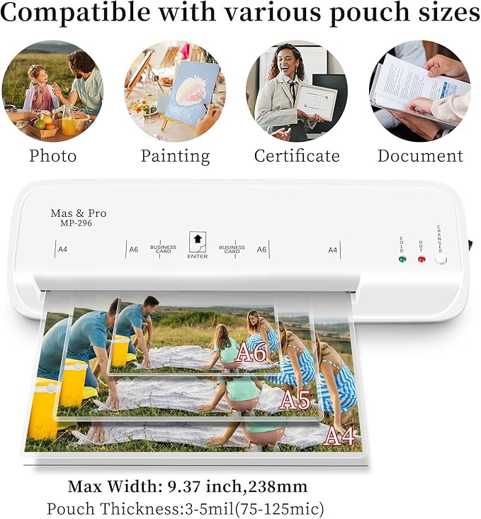 9 Inch Thermal Laminator with 40 Laminating Sheets, Small Desktop Laminator Machine for Home Office School Teachers, Hot/Cold, 3mil/5mil, Anti Jam, A4/Letter/Photos/Cards, White Laminator by Mas & Pro