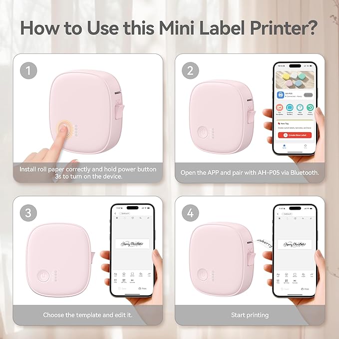 Mini Label Maker Machine with Tape AH-P05 - Portable Bluetooth Mini Label Printer, Wireless Thermal Label Maker, Waterproof & Rechargeable, Built-in Cutter, for Home, Office, Kitchen - Pink