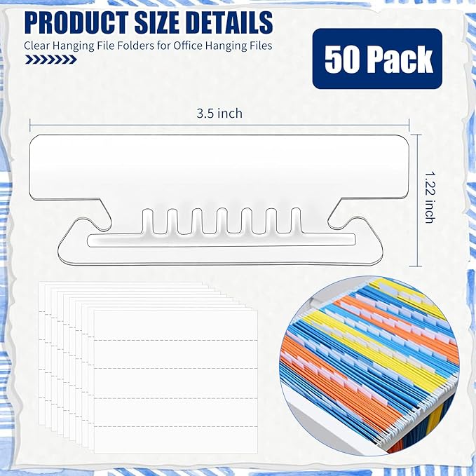 50 Pcs 3 1/2 Inch Hanging File Folder Tabs - Plastic Insertable Tabs for Folders and Inserts - Clear File Organizer for Back to School, Office Room