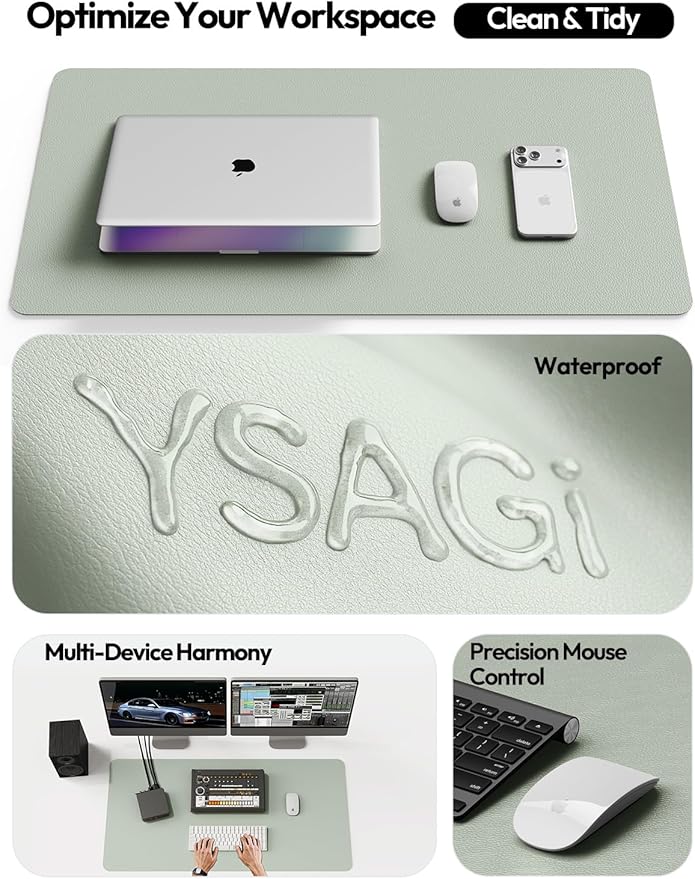 YSAGi Leather Desk Protector, Office Mat, Large Mouse Mat, Non-Slip PU Leather Blotter, Laptop Desk Pad, Waterproof Writing Pad for Office and Home (Grayish Green, 47.2" x 23.6")